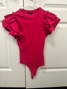 Express Hot Pink Ribbed Top with Crew Neck